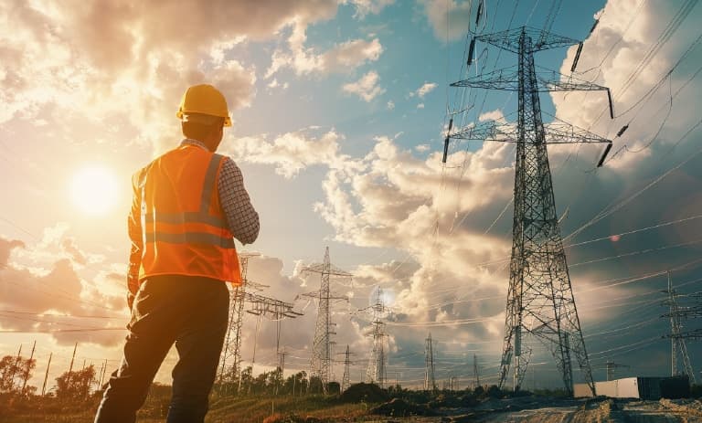 Trabajador del campo mirando las líneas eléctricas al atardecer