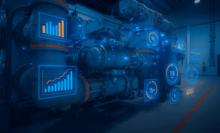 Aparatos de conexión aislados con gas con superposiciones digitales que muestran las lecturas de los sensores y gráficos en una instalación industrial.