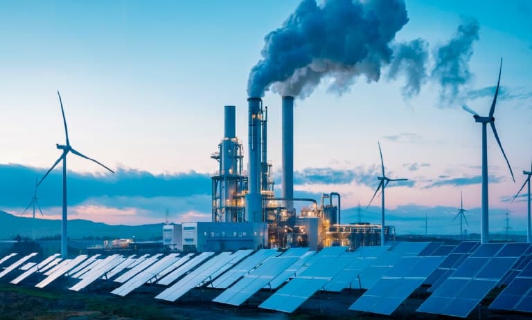 Planta de energía renovable al atardecer