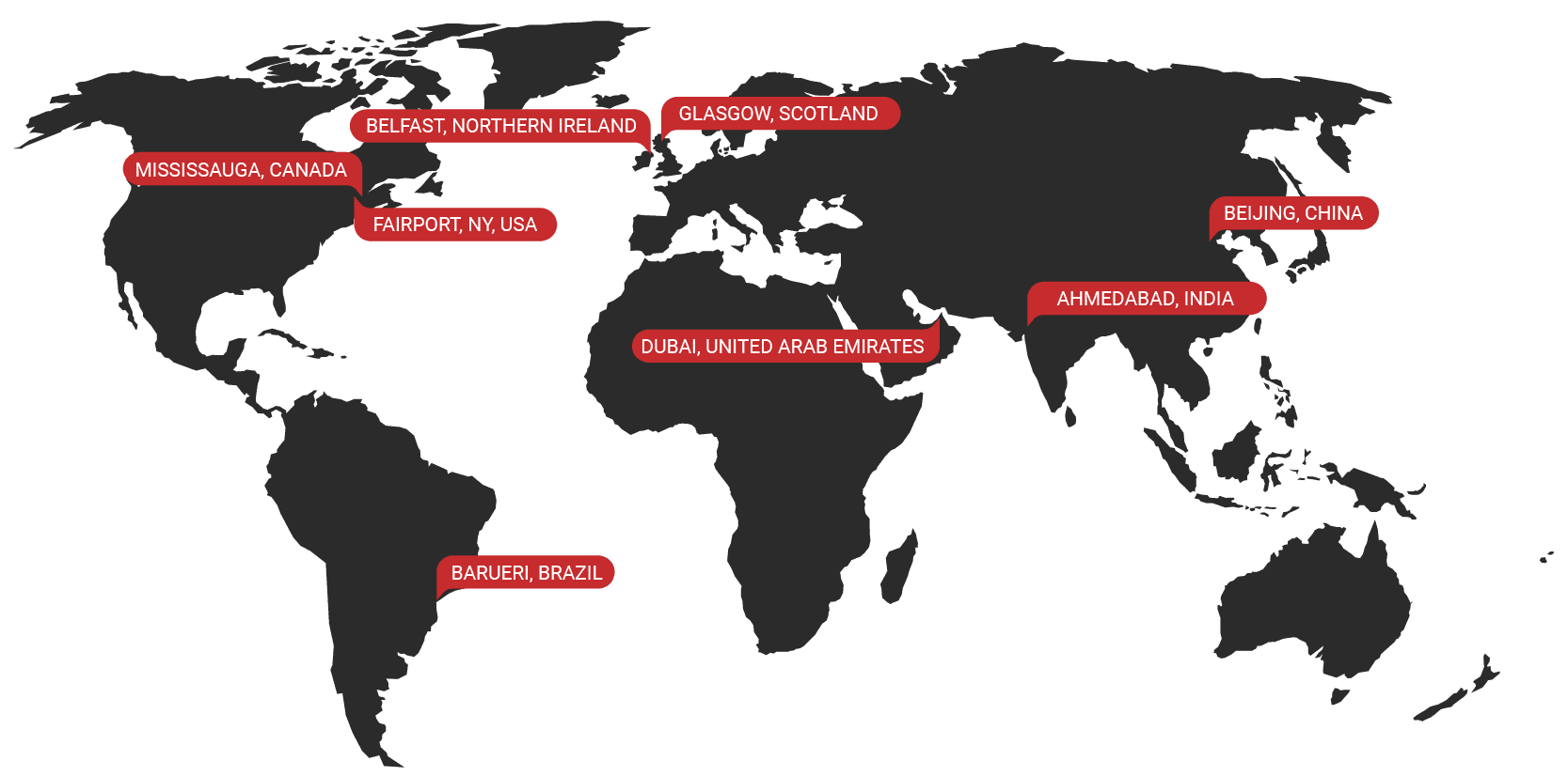 Mapa mundial mostrando ubicaciones globales de oficinas de Qualitrol: Mississauga Canadá, Fairport NY EE.UU., Belfast Irlanda del Norte, Glasgow Escocia, Dubái Emiratos Árabes Unidos, Ahmedabad India, Beijing China y Barueri Brasil